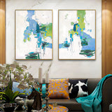 2 piece wall art gallery wall set blue greenery wall art abstract minimal boho art Modern Abstract Oil Painting On Canvas Set of 2 Vertical