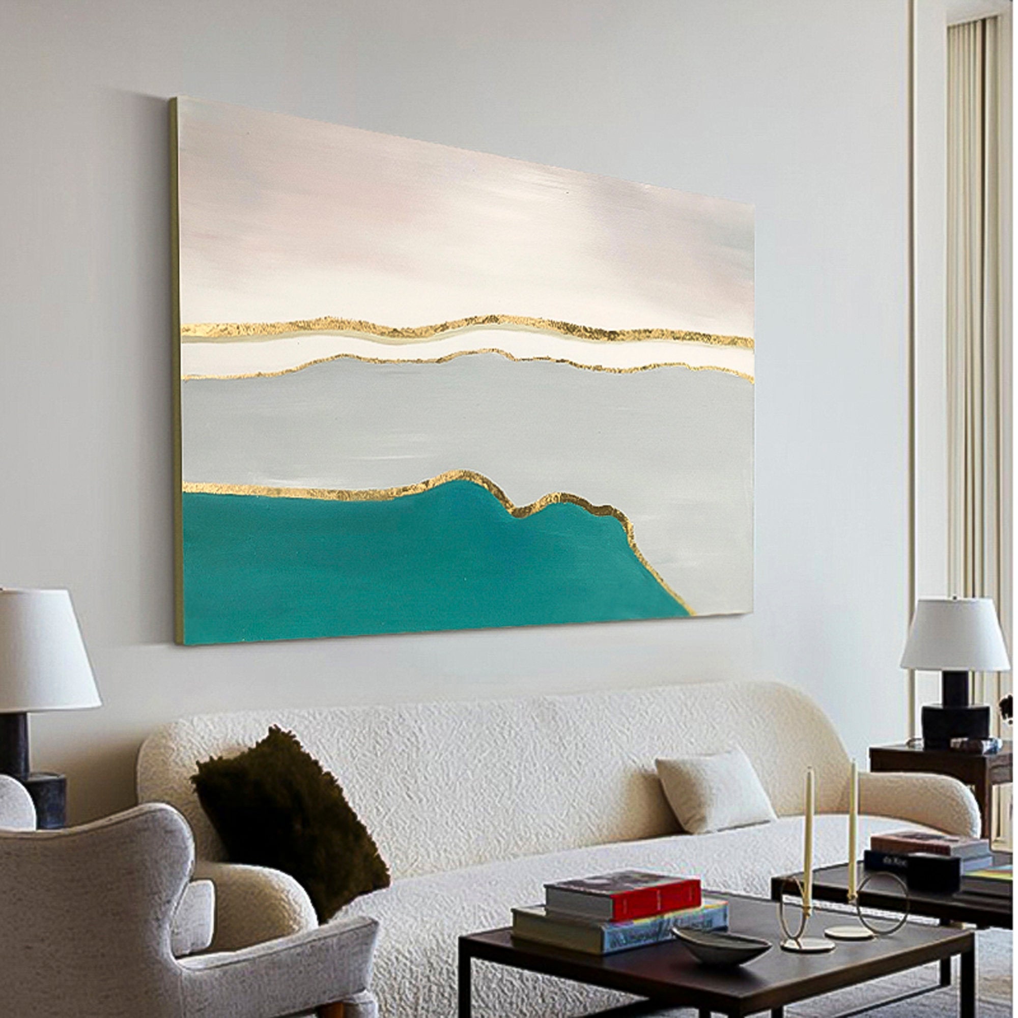 Green Sea Ocean Marble Oil Painting Abstract Gold Foil Art Navy Blue Light Blue Wall Art therapy Horizontal