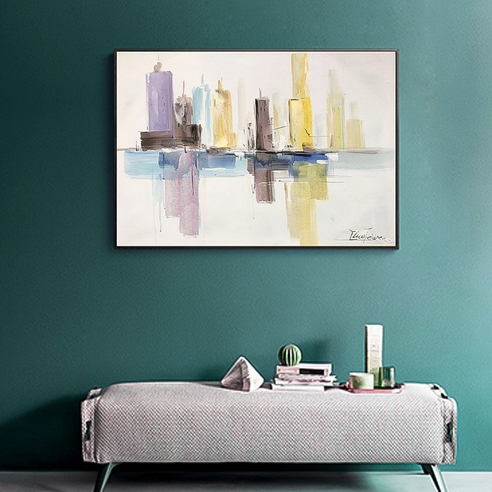 Simple buildling Original handmade minimalist painting Abstract Huge wall art Oil Painting Abstract brush stroke art  Horizontal