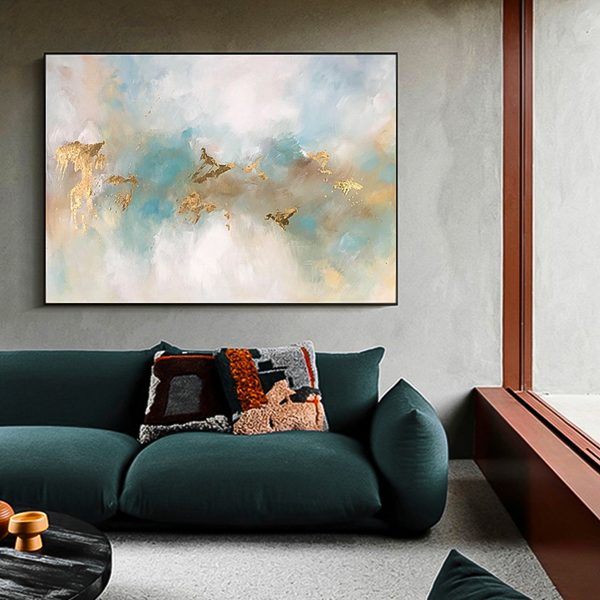 Blue Green Abstract with Gold foil oil Painting living room interior, room decor, Marbling, Marble texture Paint splash