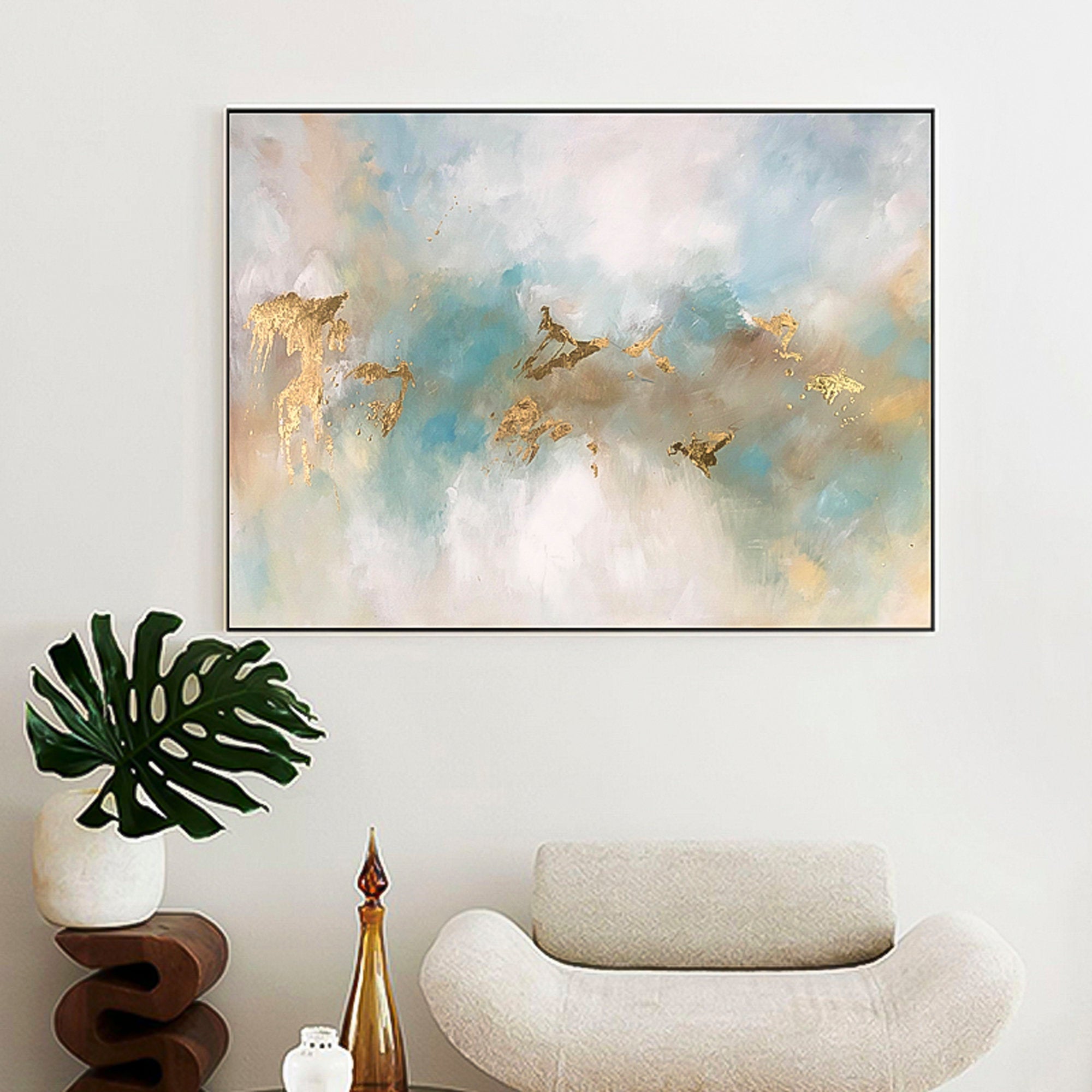 Blue Green Abstract with Gold foil oil Painting living room interior, room decor, Marbling, Marble texture Paint splash