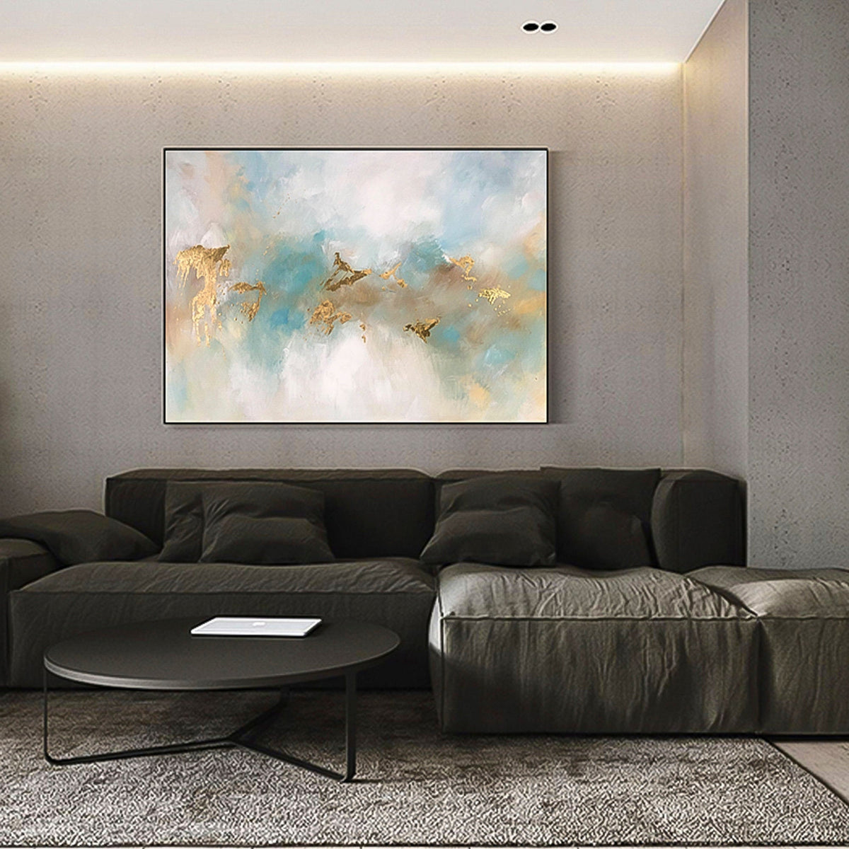 Blue Green Abstract with Gold foil oil Painting living room interior, room decor, Marbling, Marble texture Paint splash