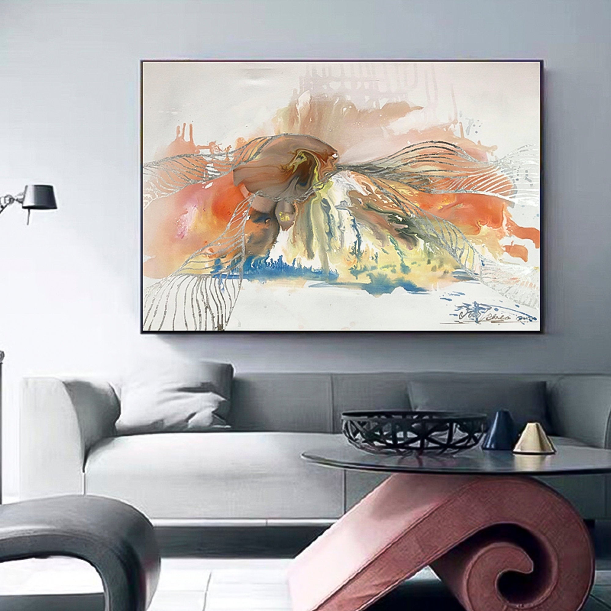 Pink Abstract with Silver foil oil Painting living room interior, room decor, Marbling, Marble texture Paint splash