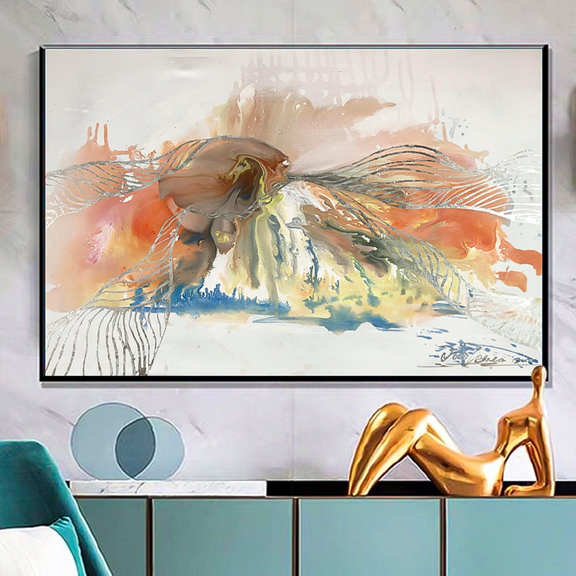 Pink Abstract with Silver foil oil Painting living room interior, room decor, Marbling, Marble texture Paint splash