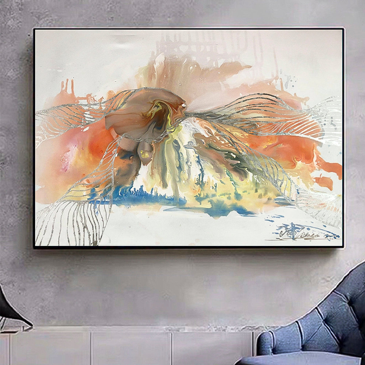 Pink Abstract with Silver foil oil Painting living room interior, room decor, Marbling, Marble texture Paint splash