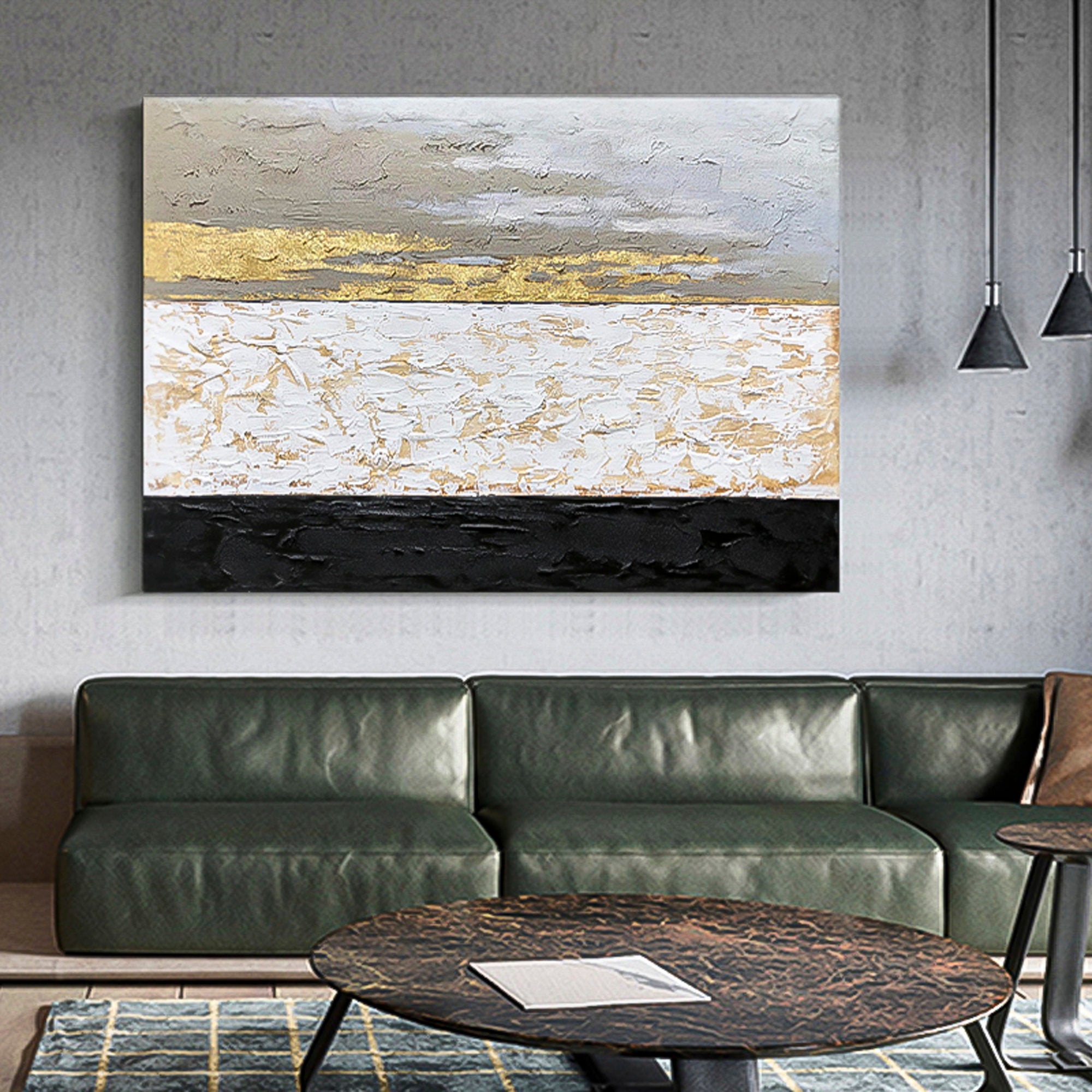 Original handmade minimalist painting Abstract gold white black Huge wall art Oil Painting Abstract brush stroke art Horizontal