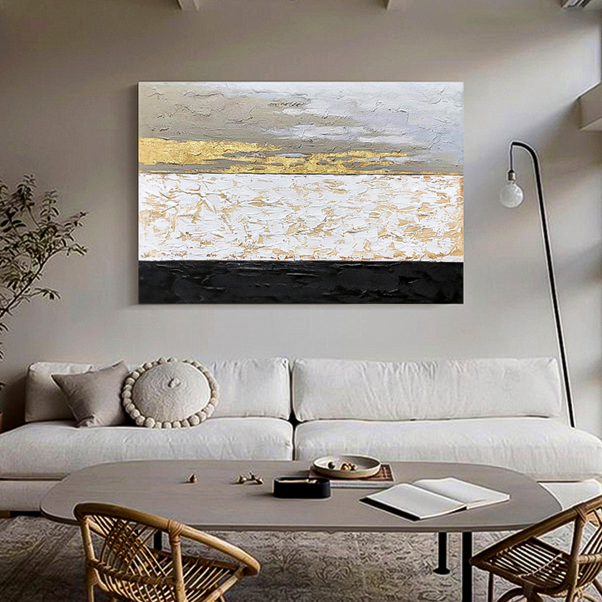 Original handmade minimalist painting Abstract gold white black Huge wall art Oil Painting Abstract brush stroke art Horizontal