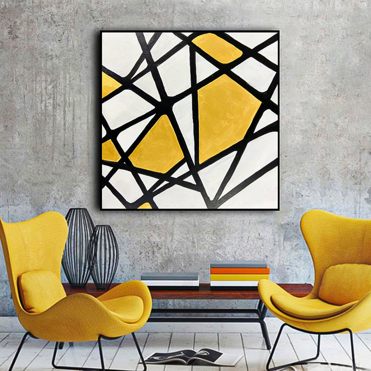 Colorful Abstract orange line black oil painting square huge wall art