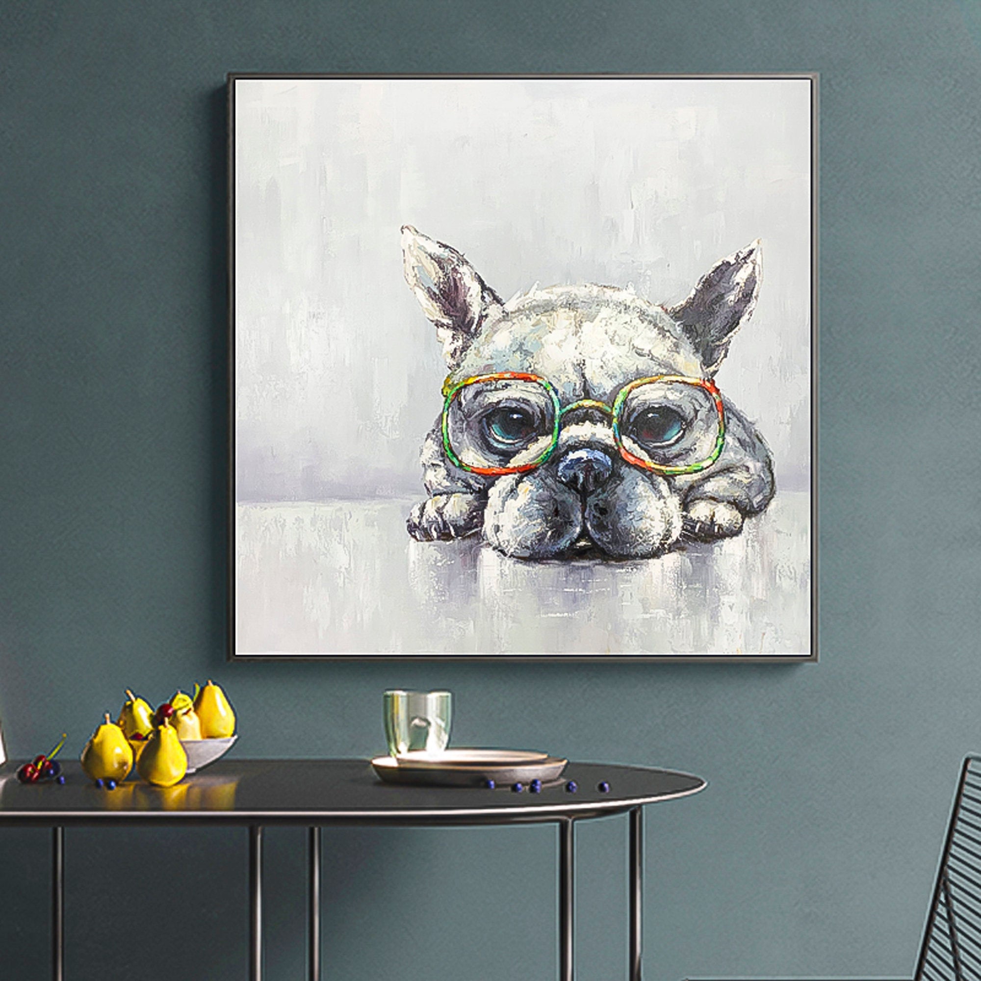 Pug pop art cute puppy cartoon art brush stroke art handmade oil painting square heavy textured palette knife huge wall art