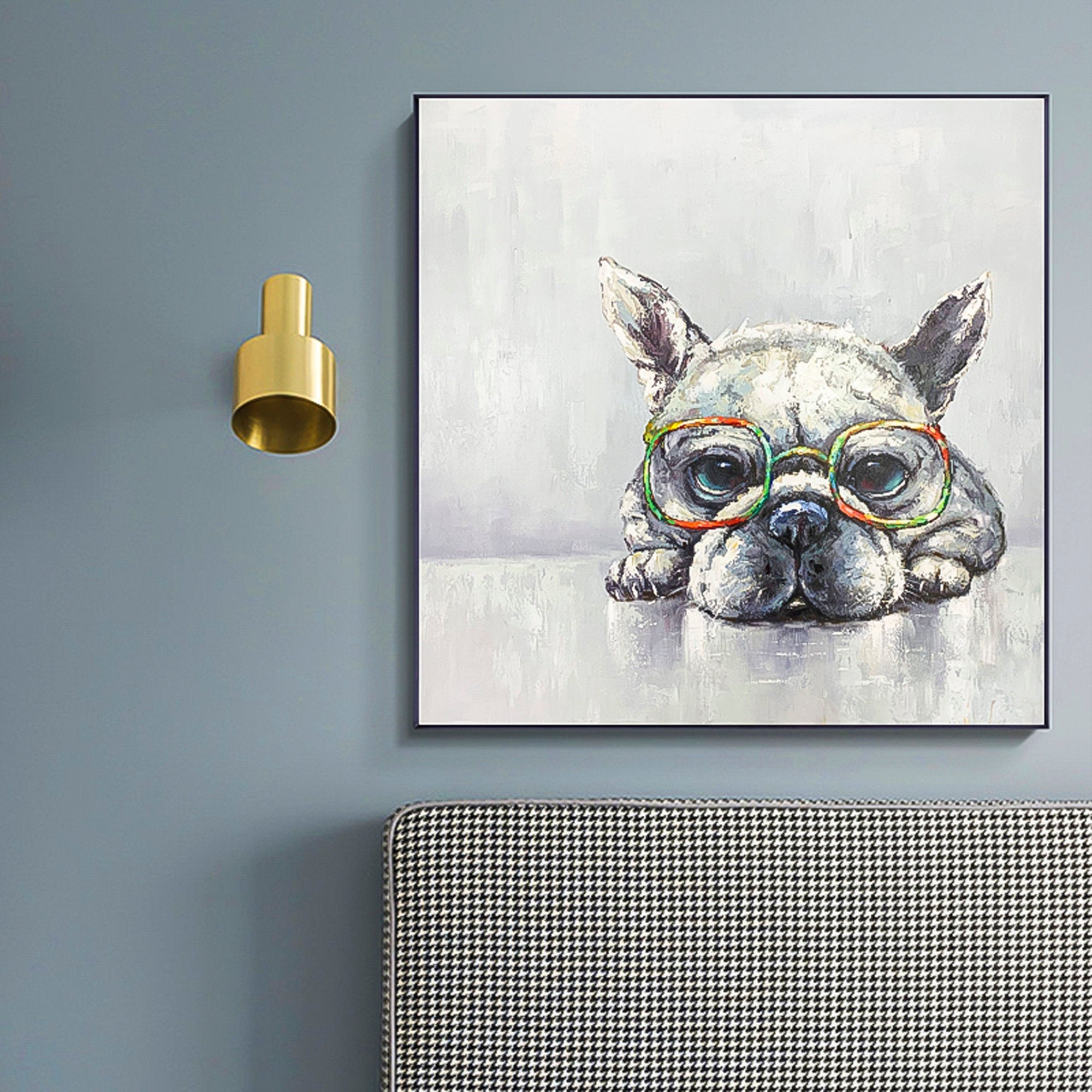 Pug pop art cute puppy cartoon art brush stroke art handmade oil painting square heavy textured palette knife huge wall art