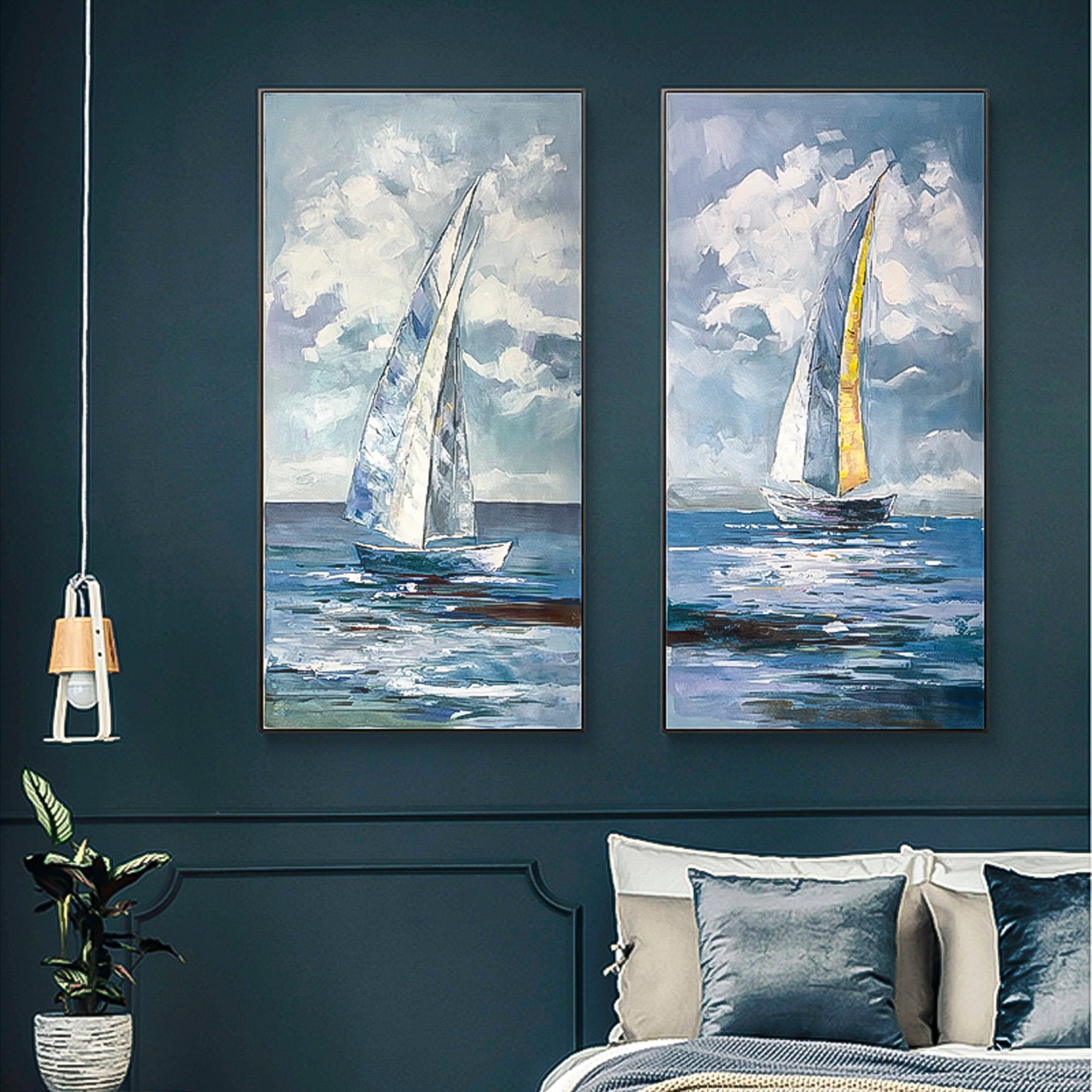 Sailboat Painting 2 piece wall art gallery wall set Original Modern Abstract Oil Painting On Canvas Set of 2 Vertical designer wall art