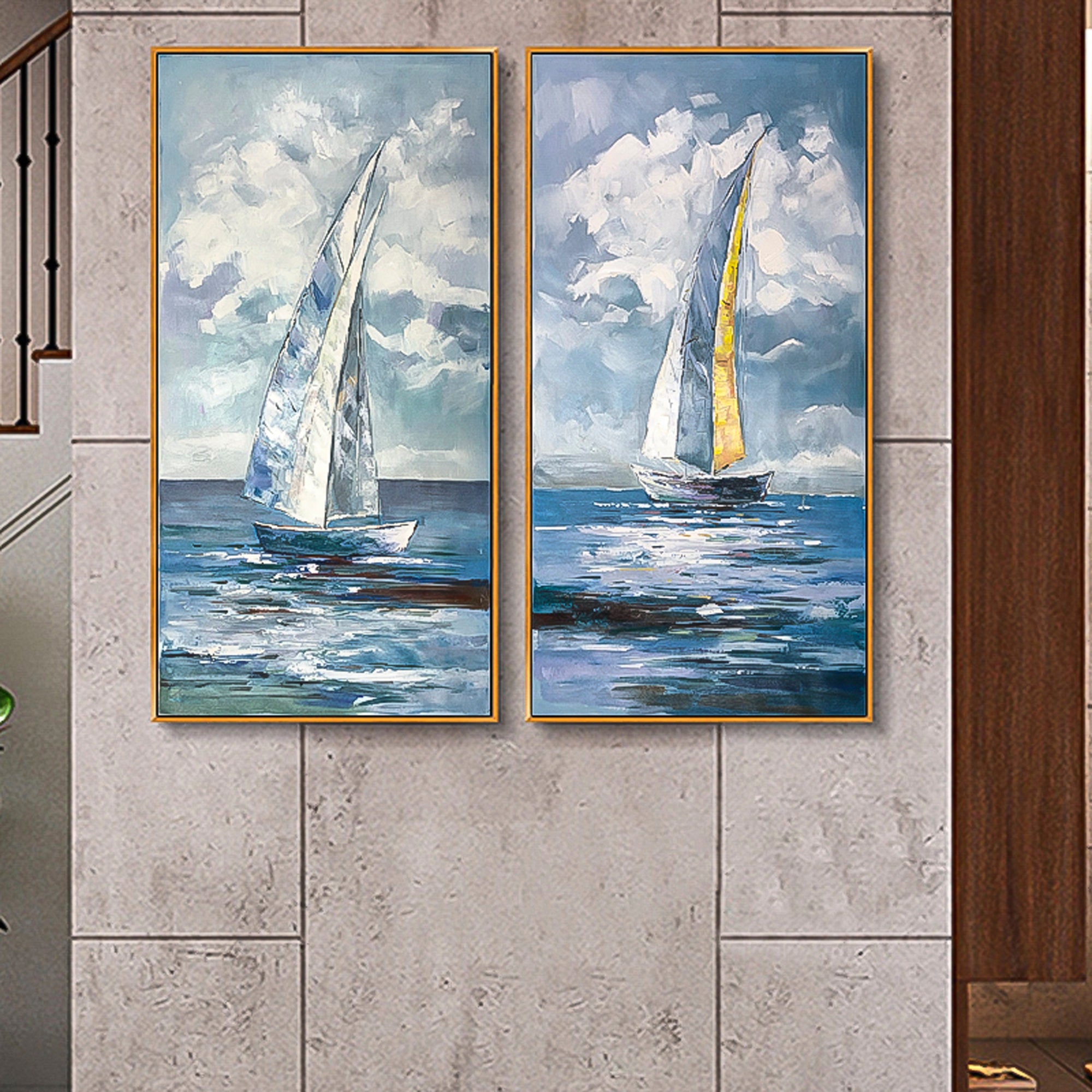 Sailboat Painting 2 piece wall art gallery wall set Original Modern Abstract Oil Painting On Canvas Set of 2 Vertical designer wall art