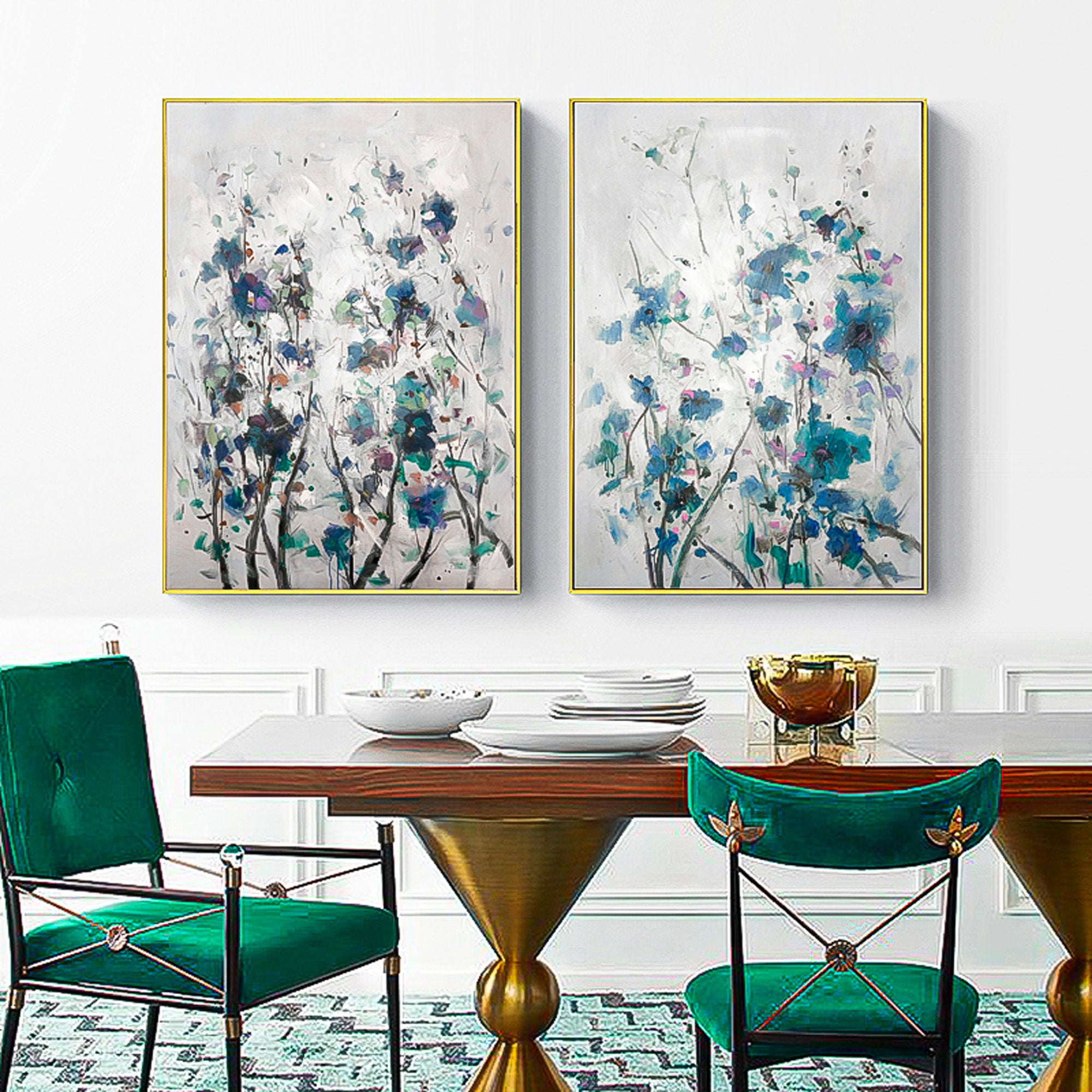 2 piece wall art gallery wall set Blue succulent wall art floral oil painting Modern Abstract Oil Painting On Canvas Set of 2 Vertical