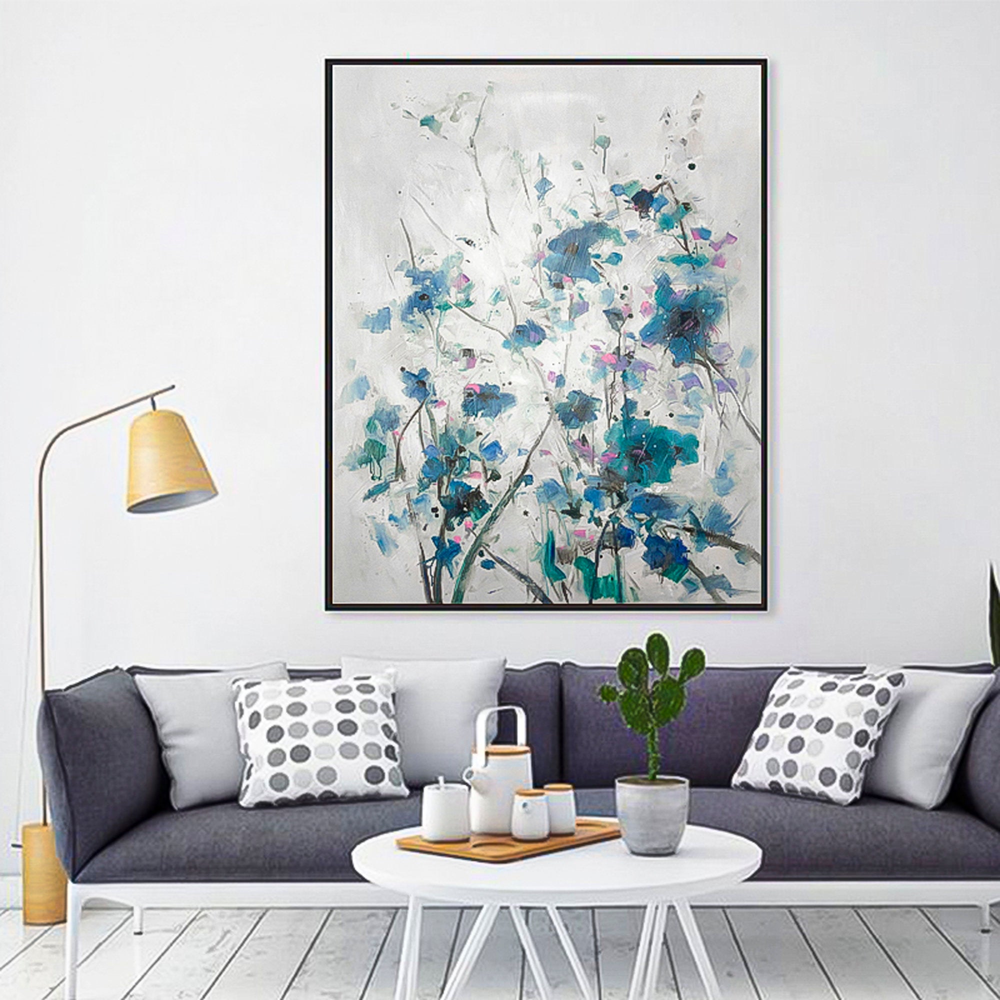 2 piece wall art gallery wall set Blue succulent wall art floral oil painting Modern Abstract Oil Painting On Canvas Set of 2 Vertical