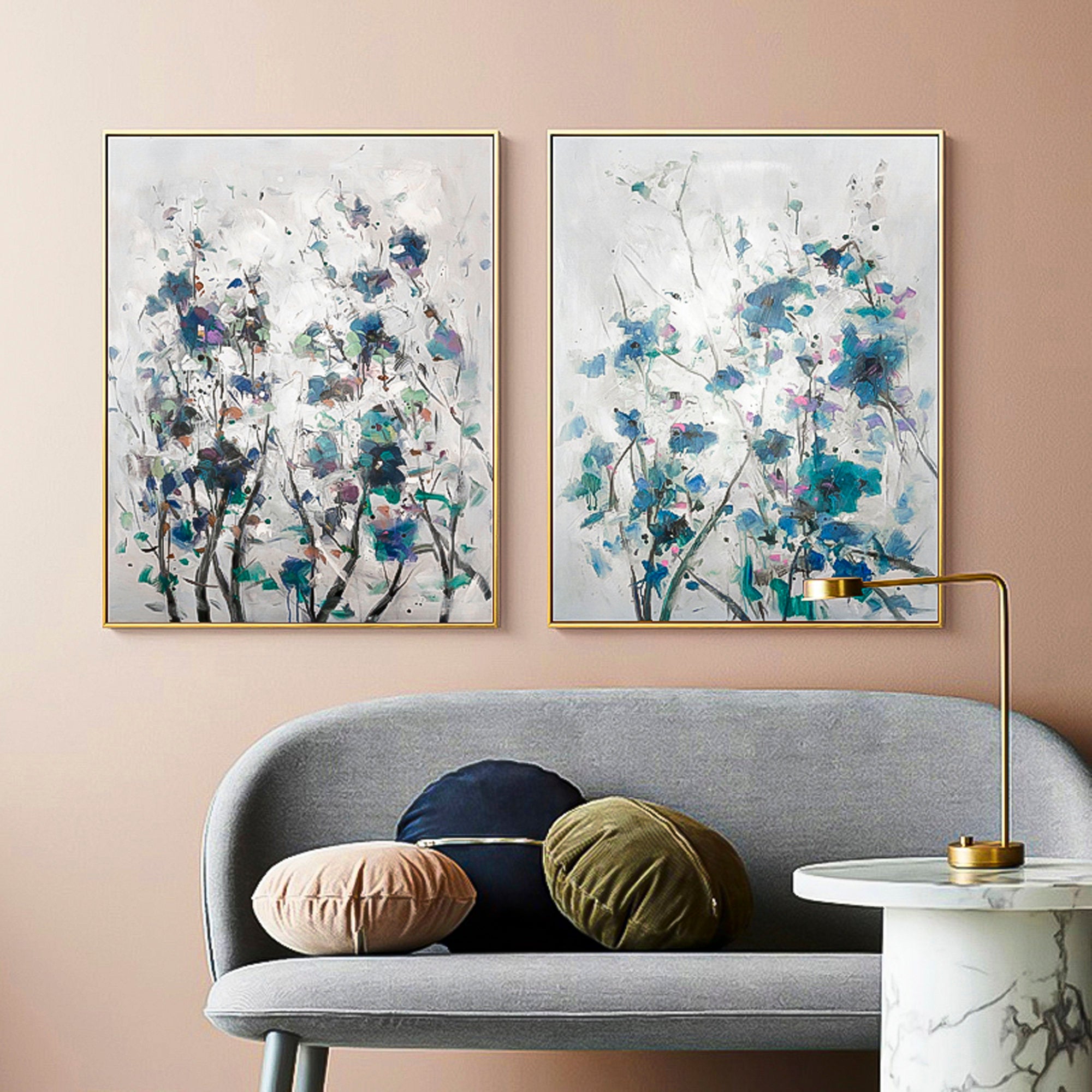 2 piece wall art gallery wall set Blue succulent wall art floral oil painting Modern Abstract Oil Painting On Canvas Set of 2 Vertical