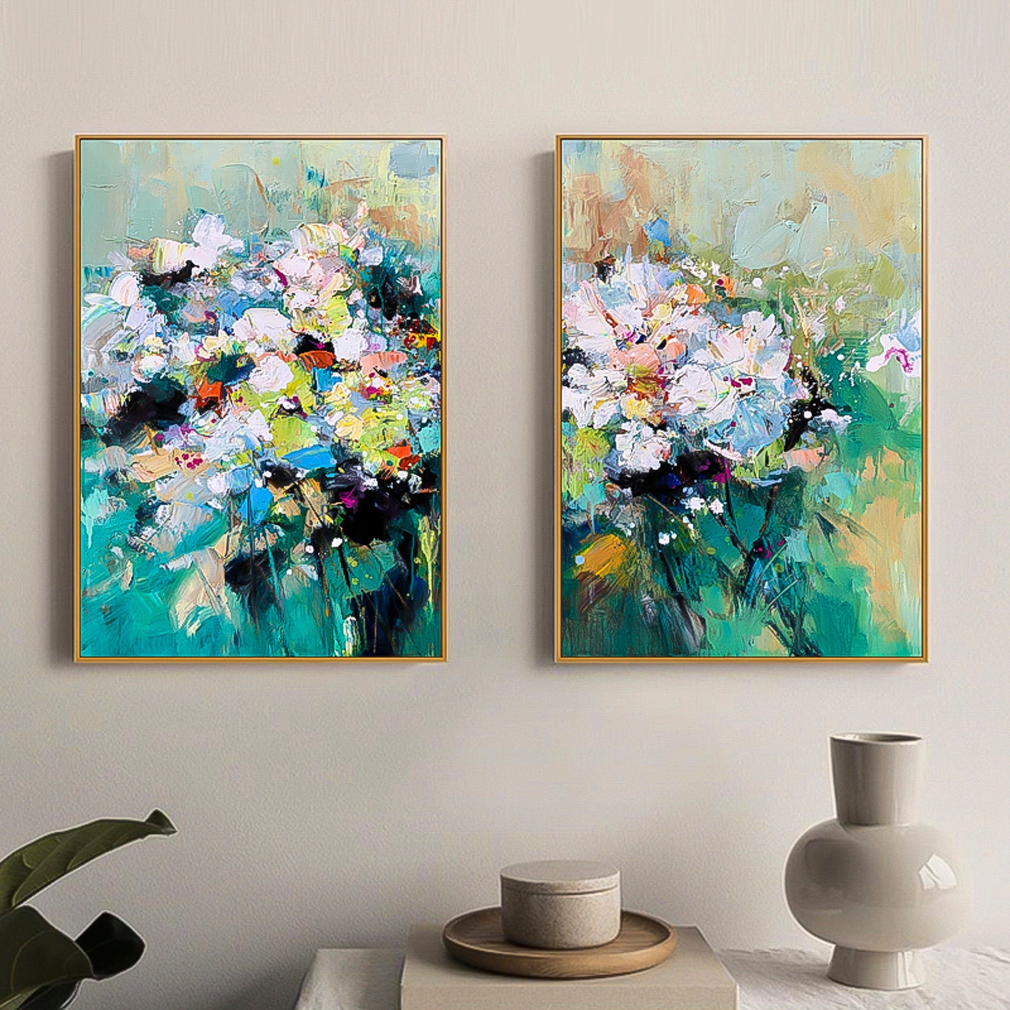 2 piece wall art gallery wall set Green succulent wall art floral oil painting Modern Abstract Oil Painting On Canvas Set of 2 Vertical