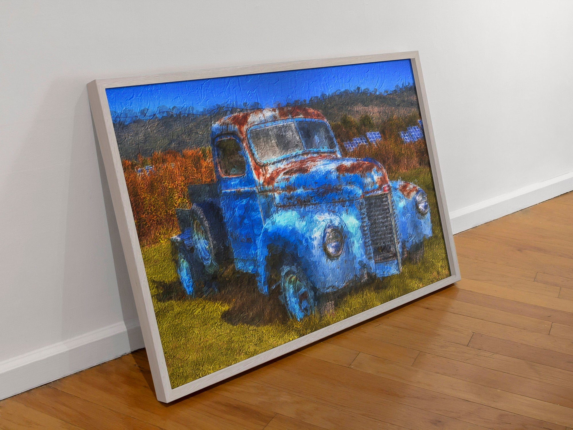 Original oil painting of an old truck blue heavy textured knife palette Horizontal