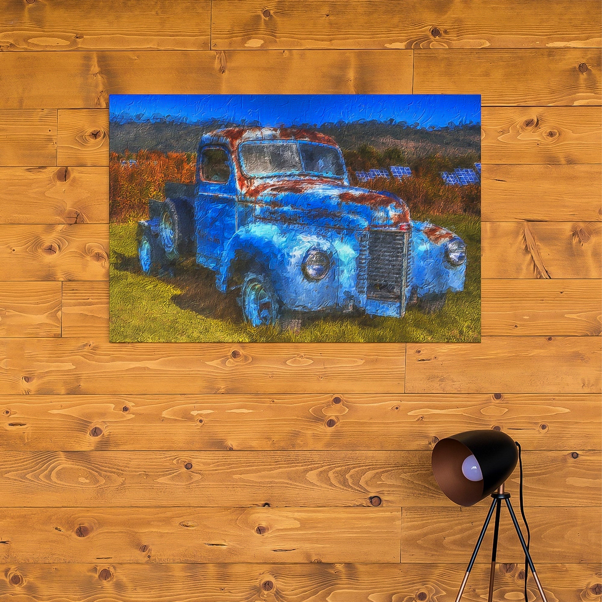 Original oil painting of an old truck blue heavy textured knife palette Horizontal