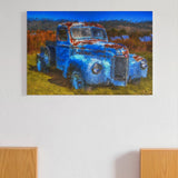 Original oil painting of an old truck blue heavy textured knife palette Horizontal