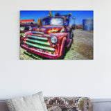 Original oil painting of an old truck red heavy textured knife palette Horizontal