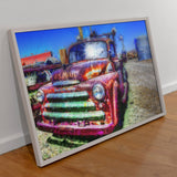 Original oil painting of an old truck red heavy textured knife palette Horizontal