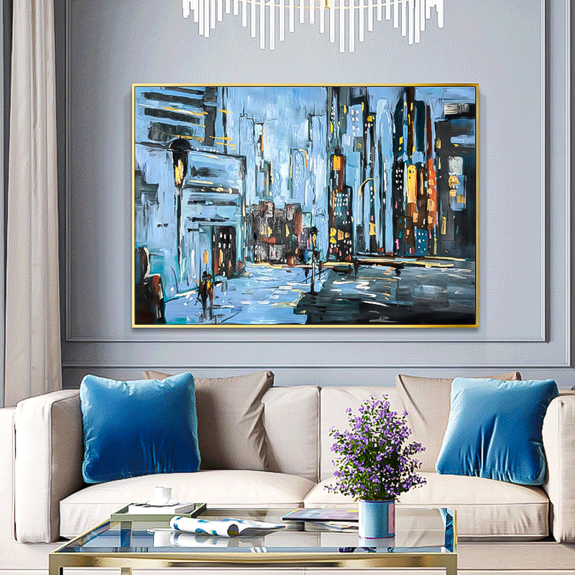 2 piece wall art gallery wall color street date night view original oil painting heavy textured palette knife impressionistic set of 2