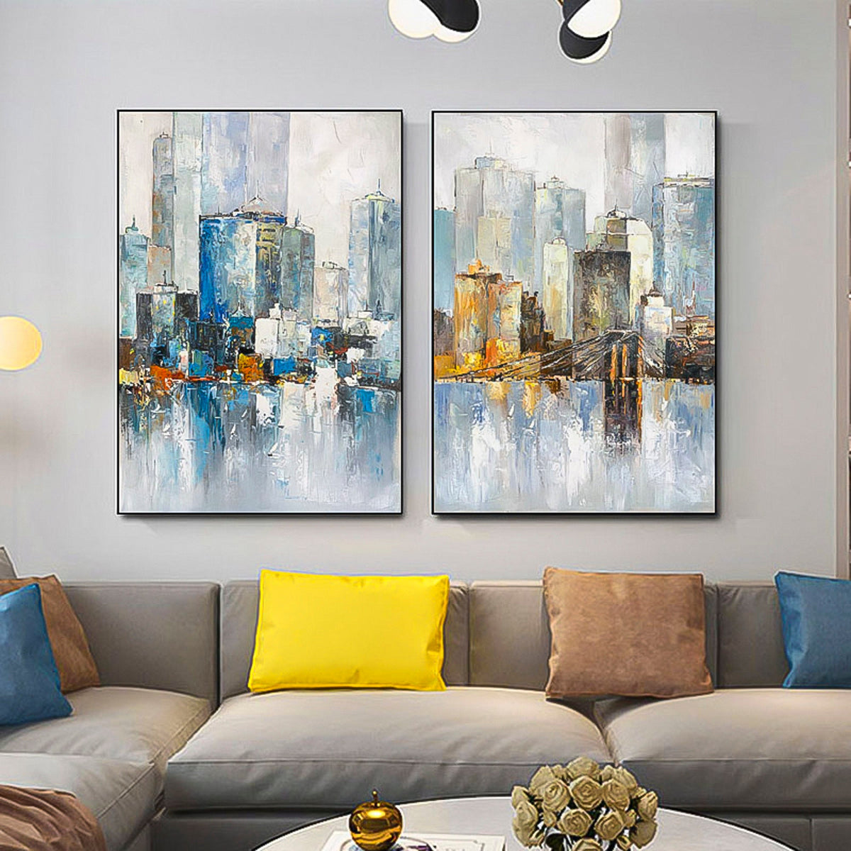 2 piece wall art gallery wall set City oil painting Large City Painting On Canvas Set of 2 Vertical