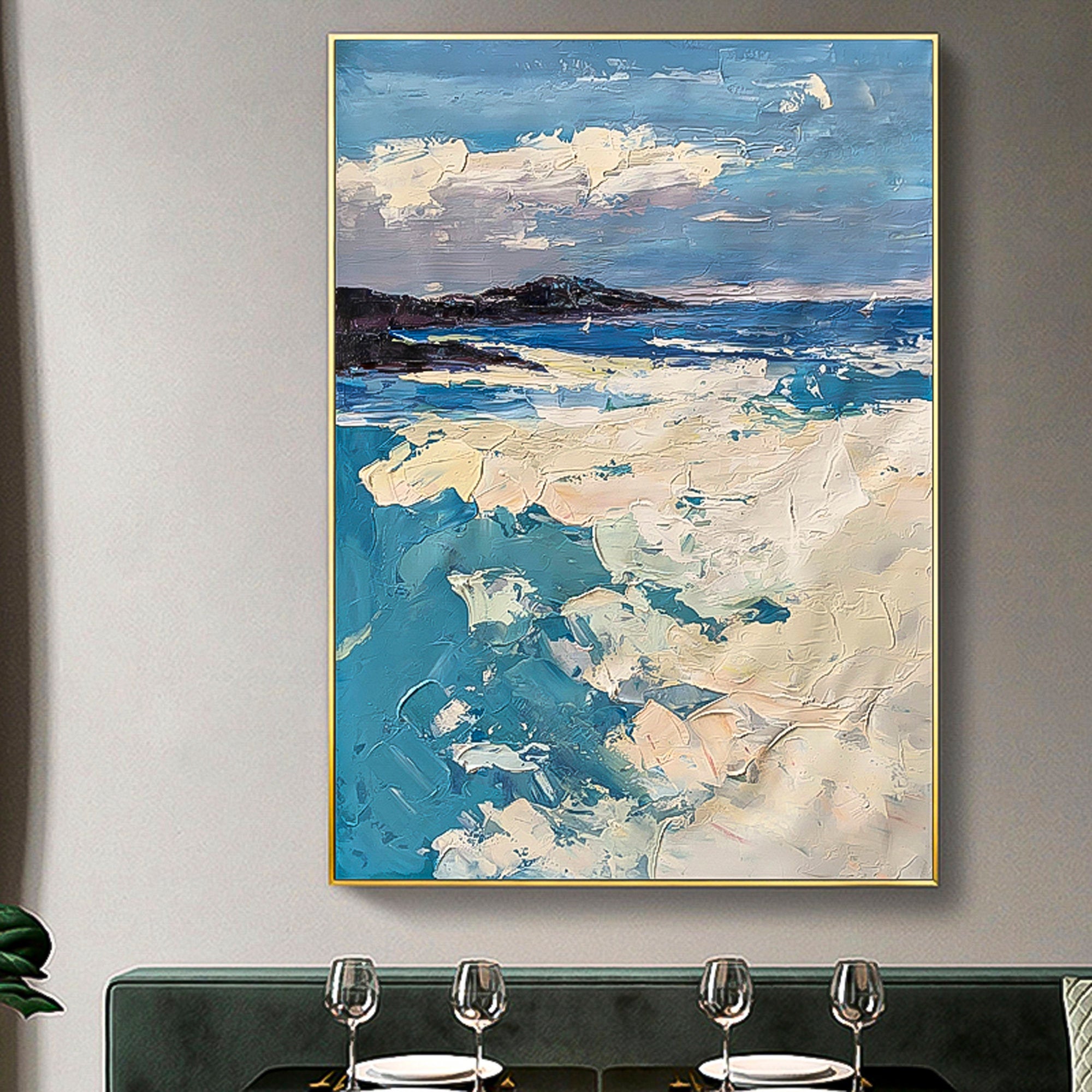 Ocean Oil Painting with rocks, waves and white clouds blue white black color combination vertical brush stroke art