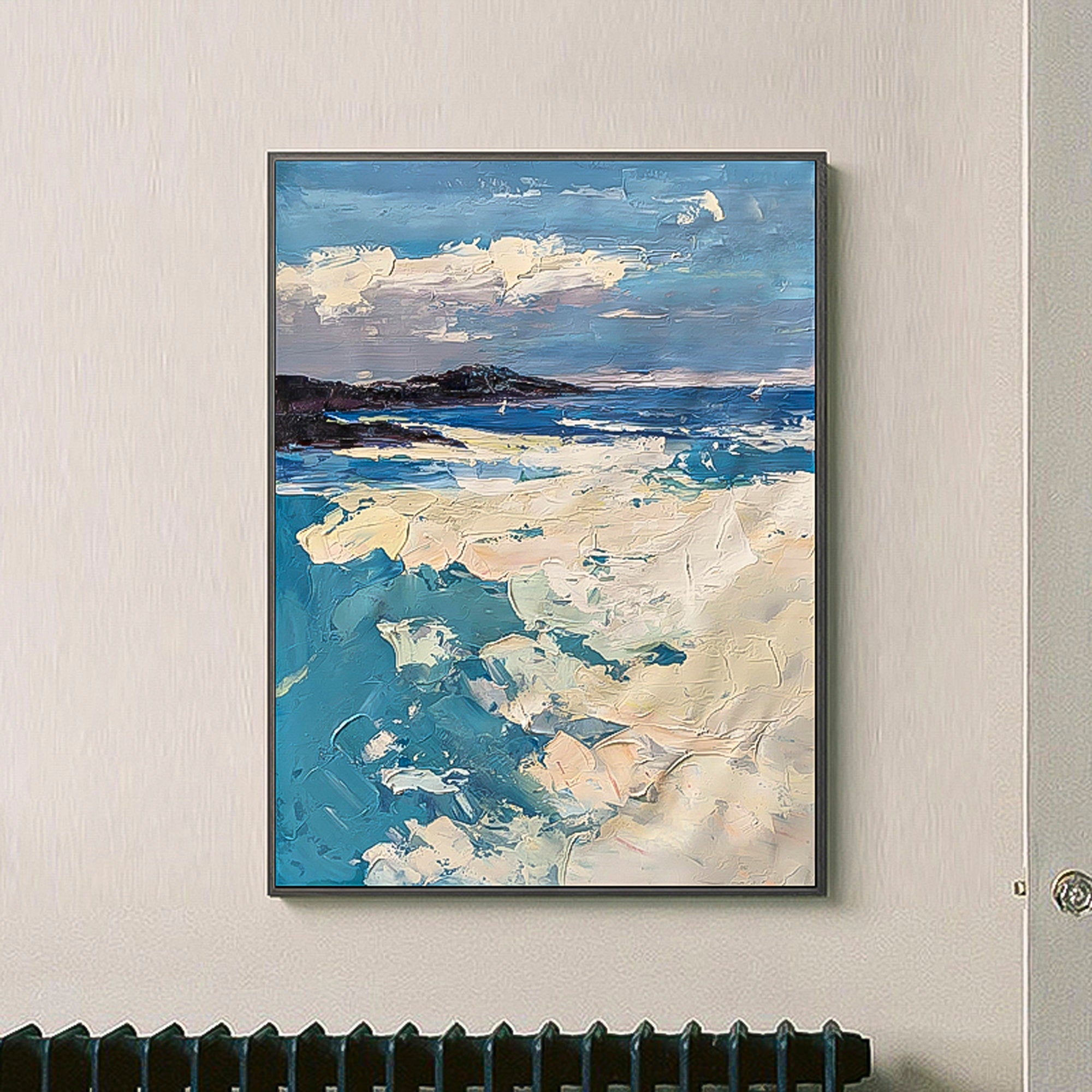 Ocean Oil Painting with rocks, waves and white clouds blue white black color combination vertical brush stroke art