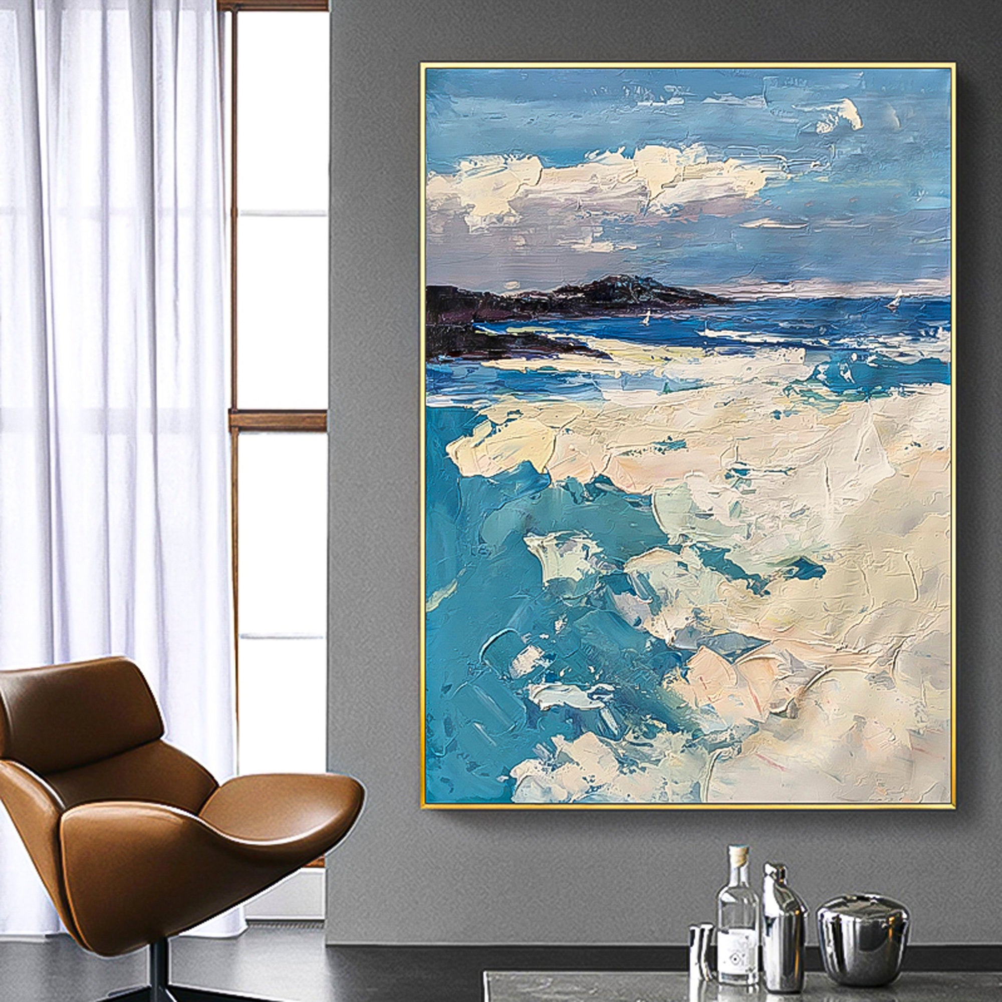 Ocean Oil Painting with rocks, waves and white clouds blue white black color combination vertical brush stroke art