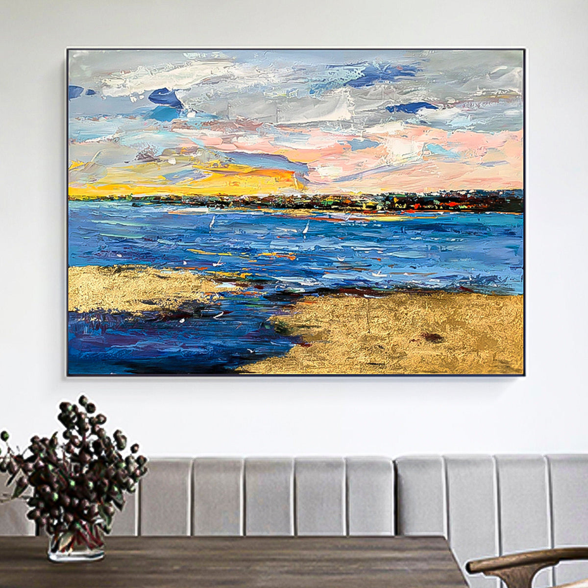 Blue Sea Ocean Oil Painting Abstract Sunset Navy Blue Light Blue Wall Art therapy Horizontal