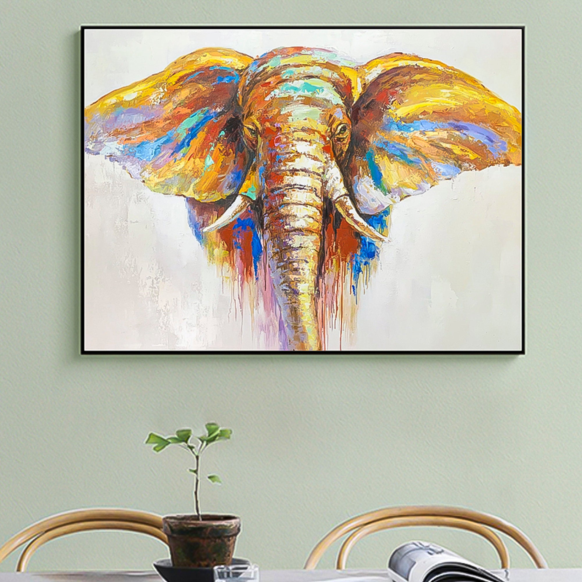 Elephant painting Heavy textured palette knife oil painting canvas wall art living room interior, room decor