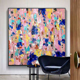 Pink multicolor brush stroke art handmade oil painting square heavy textured palette knife impressionist huge wall art