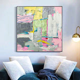 Expressive pink multicolor brush stroke art handmade oil painting square heavy textured palette knife impressionist huge wall art