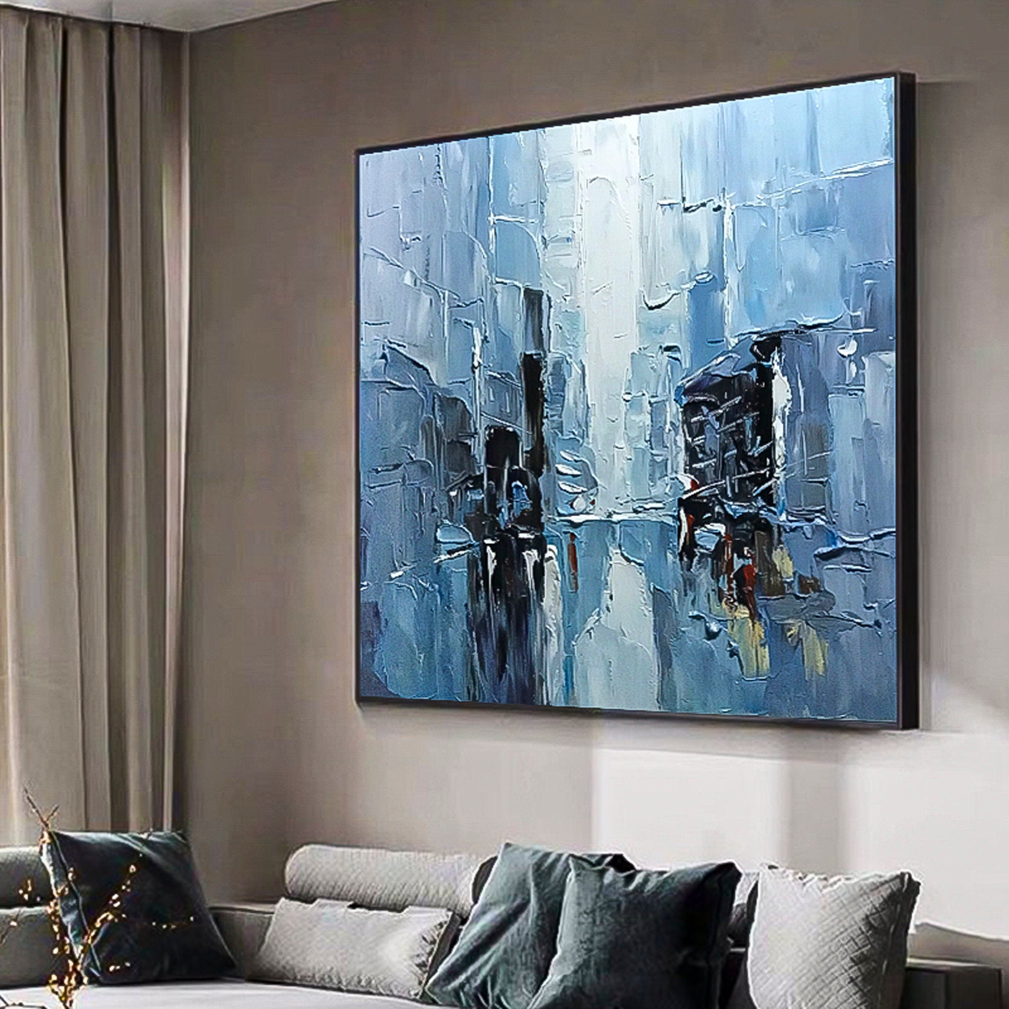 Blue expressionist brush stroke art handmade oil painting square heavy textured palette knife impressionist huge wall art