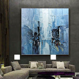 Blue expressionist brush stroke art handmade oil painting square heavy textured palette knife impressionist huge wall art