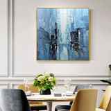 Blue expressionist brush stroke art handmade oil painting square heavy textured palette knife impressionist huge wall art