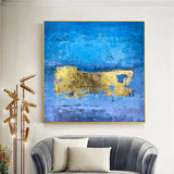 Blue abstract with gold foil art brush stroke art handmade oil painting square heavy textured palette knife impressionist huge wall art