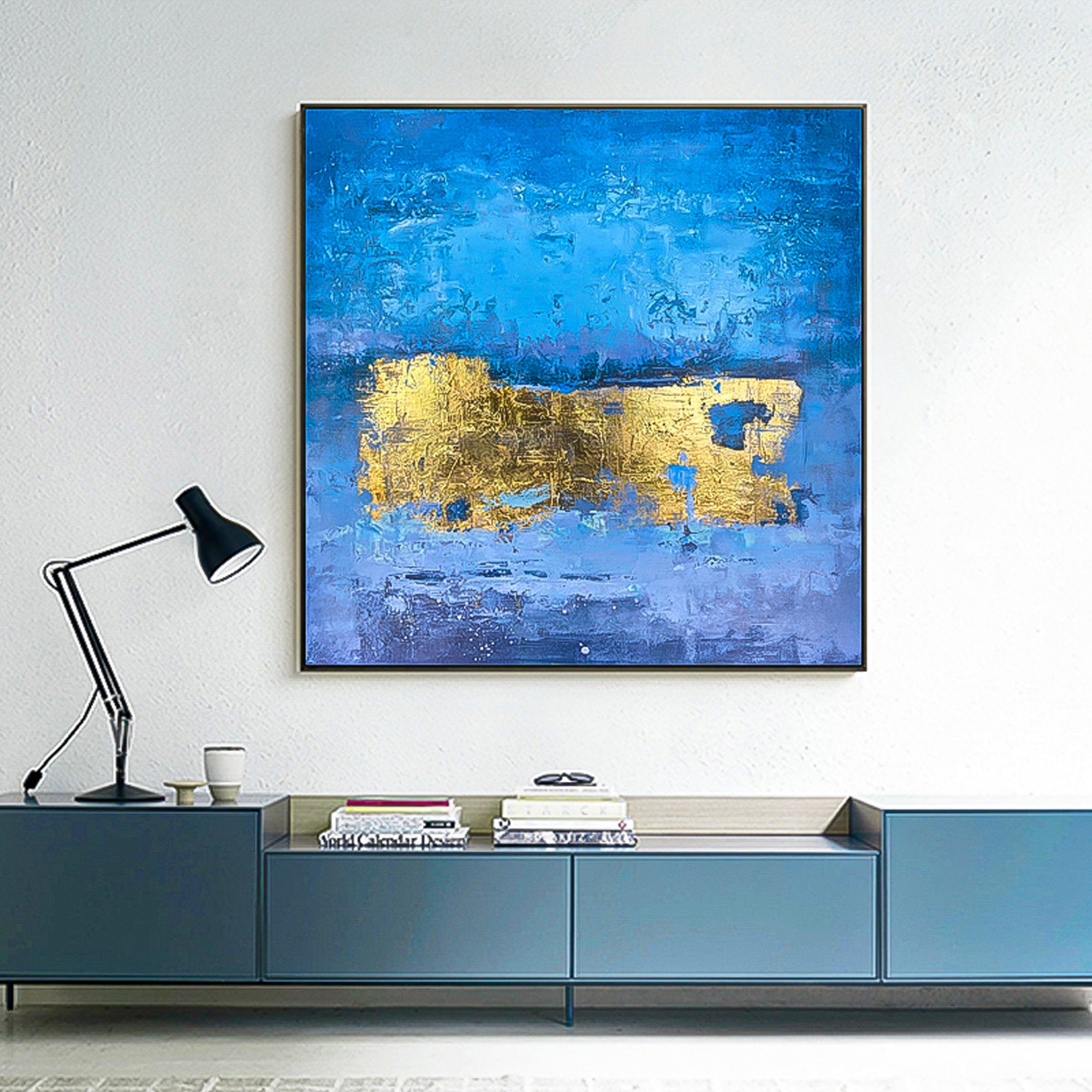 Blue abstract with gold foil art brush stroke art handmade oil painting square heavy textured palette knife impressionist huge wall art