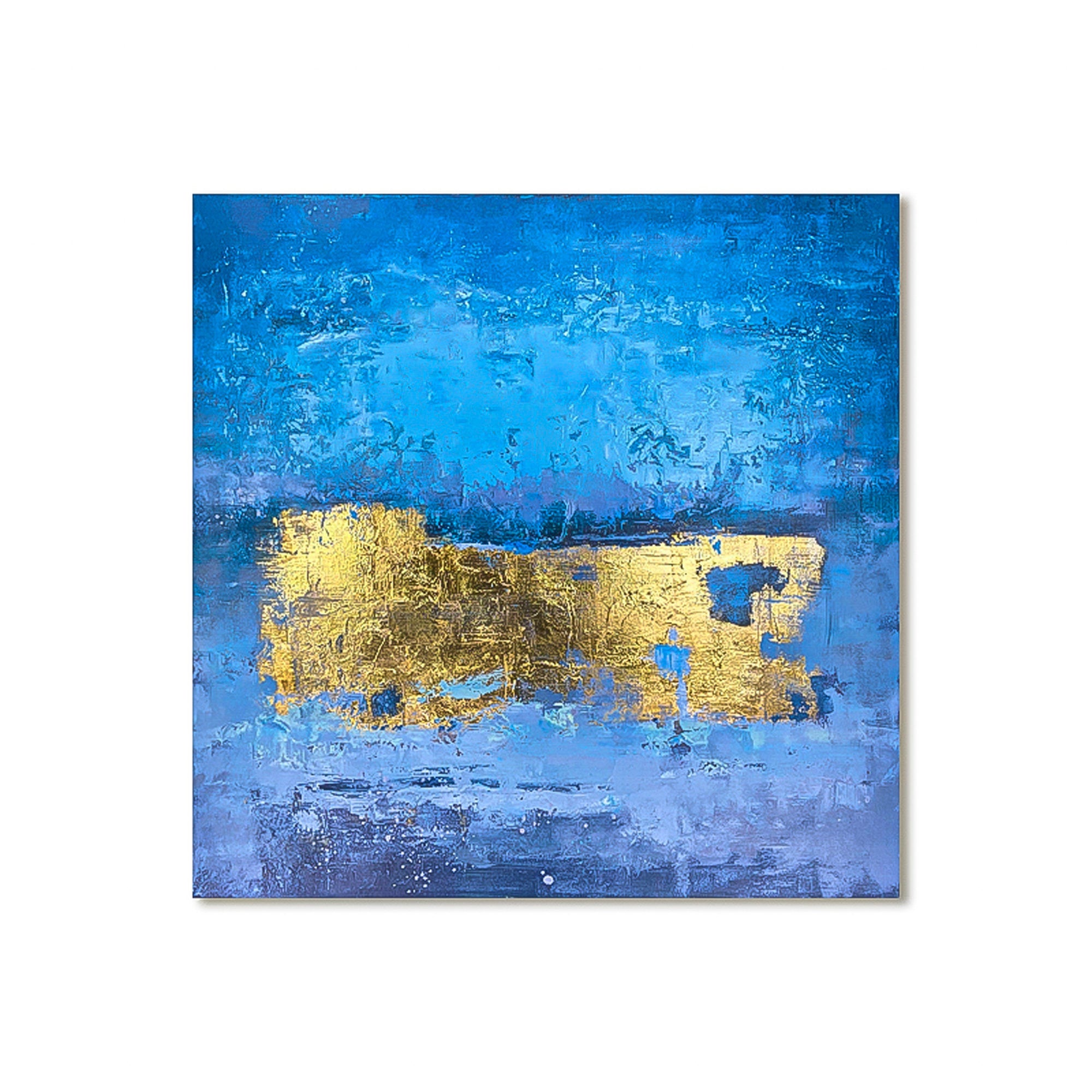 Blue abstract with gold foil art brush stroke art handmade oil painting square heavy textured palette knife impressionist huge wall art