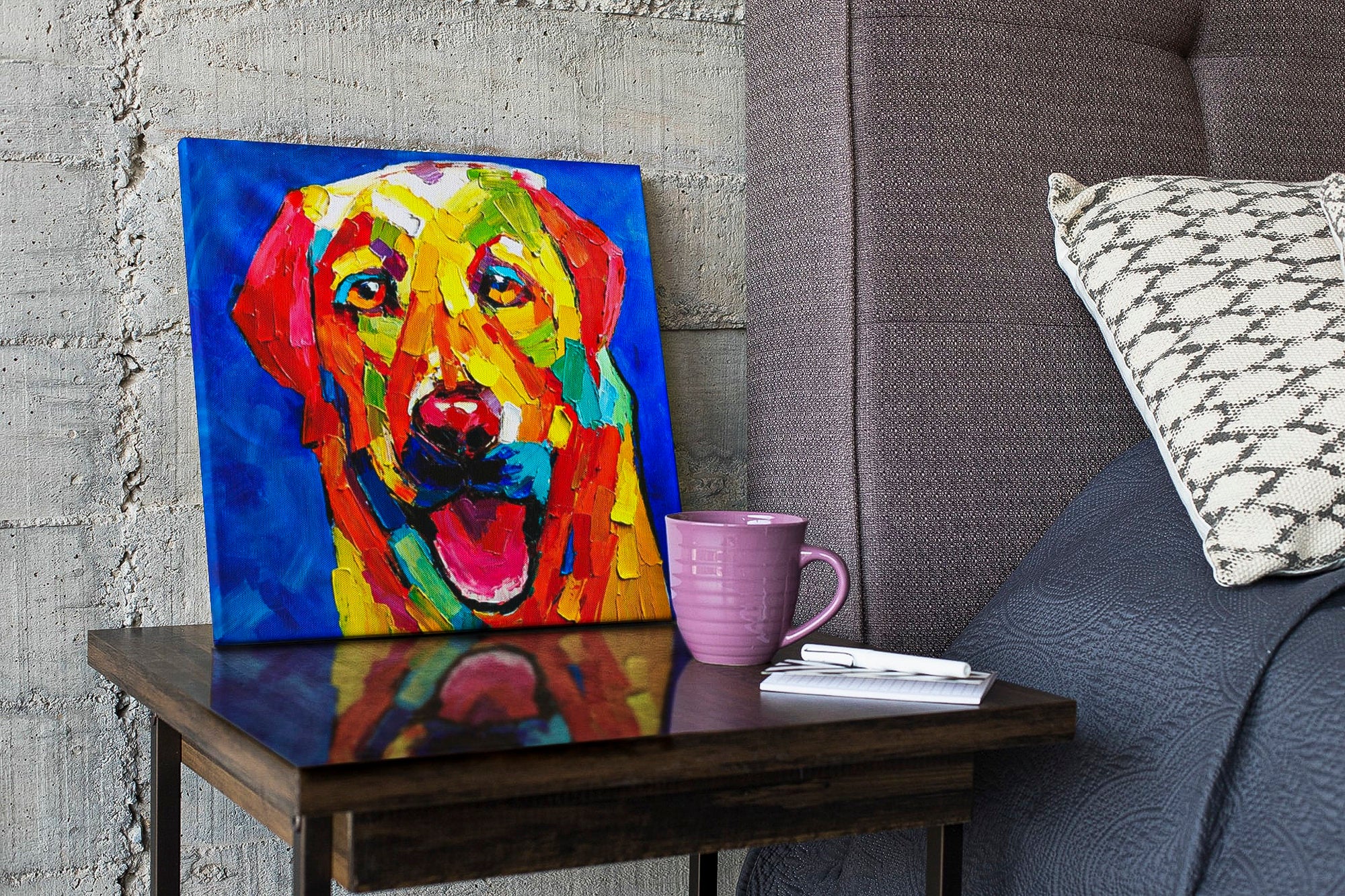 Labrador colorful pop art cute puppy cartoon art brush stroke art handmade oil painting square heavy textured palette knife huge wall art