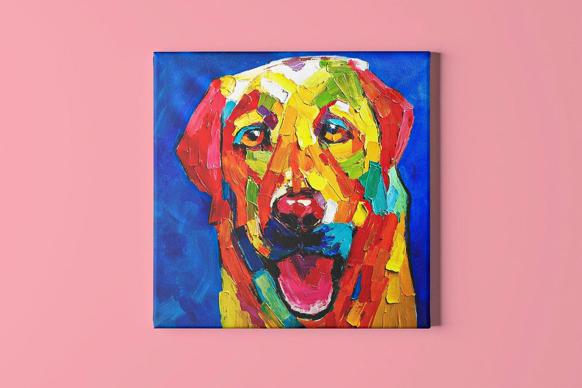 Labrador colorful pop art cute puppy cartoon art brush stroke art handmade oil painting square heavy textured palette knife huge wall art