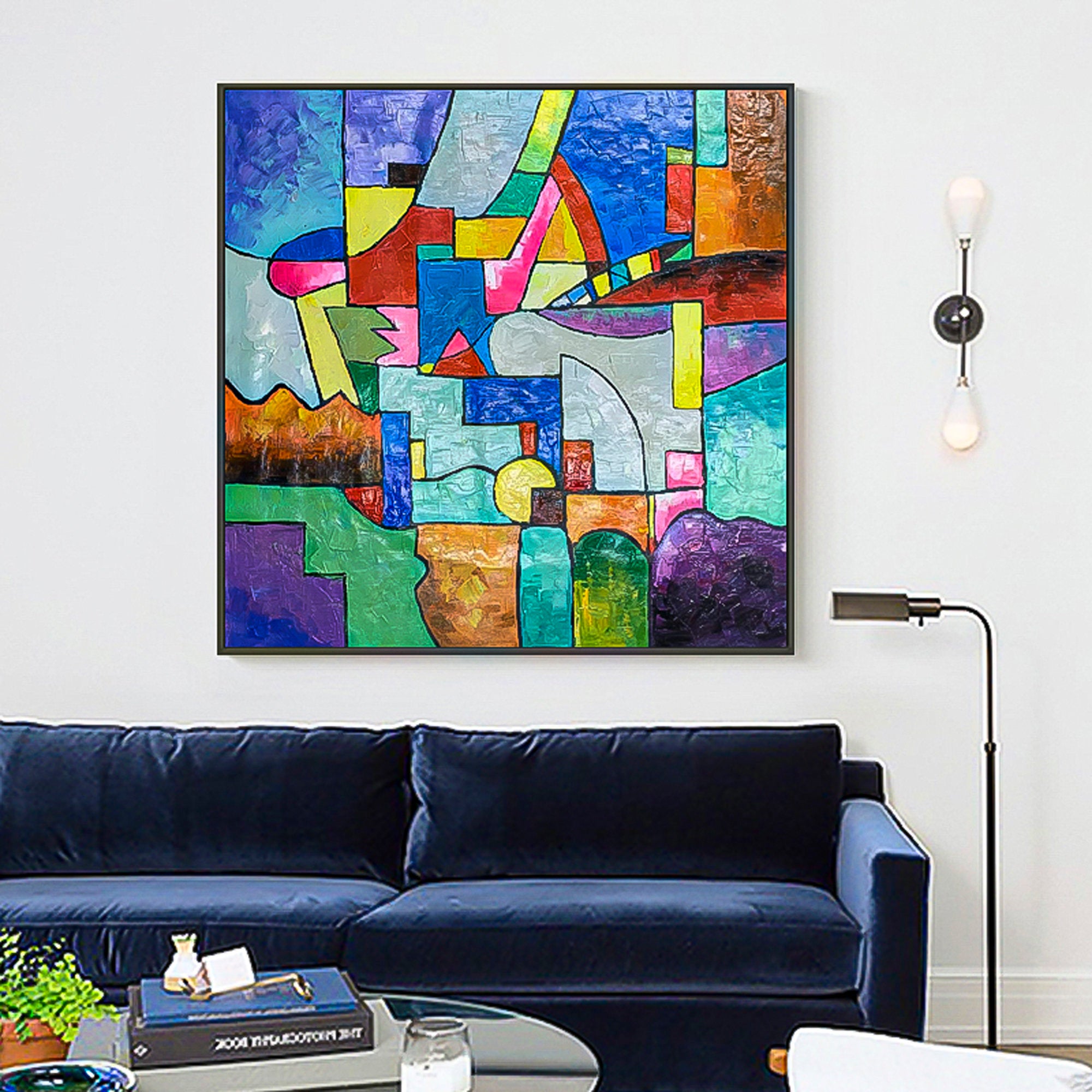 Colorful abstract brush stroke art handmade oil painting square heavy textured palette knife impressionist huge wall art