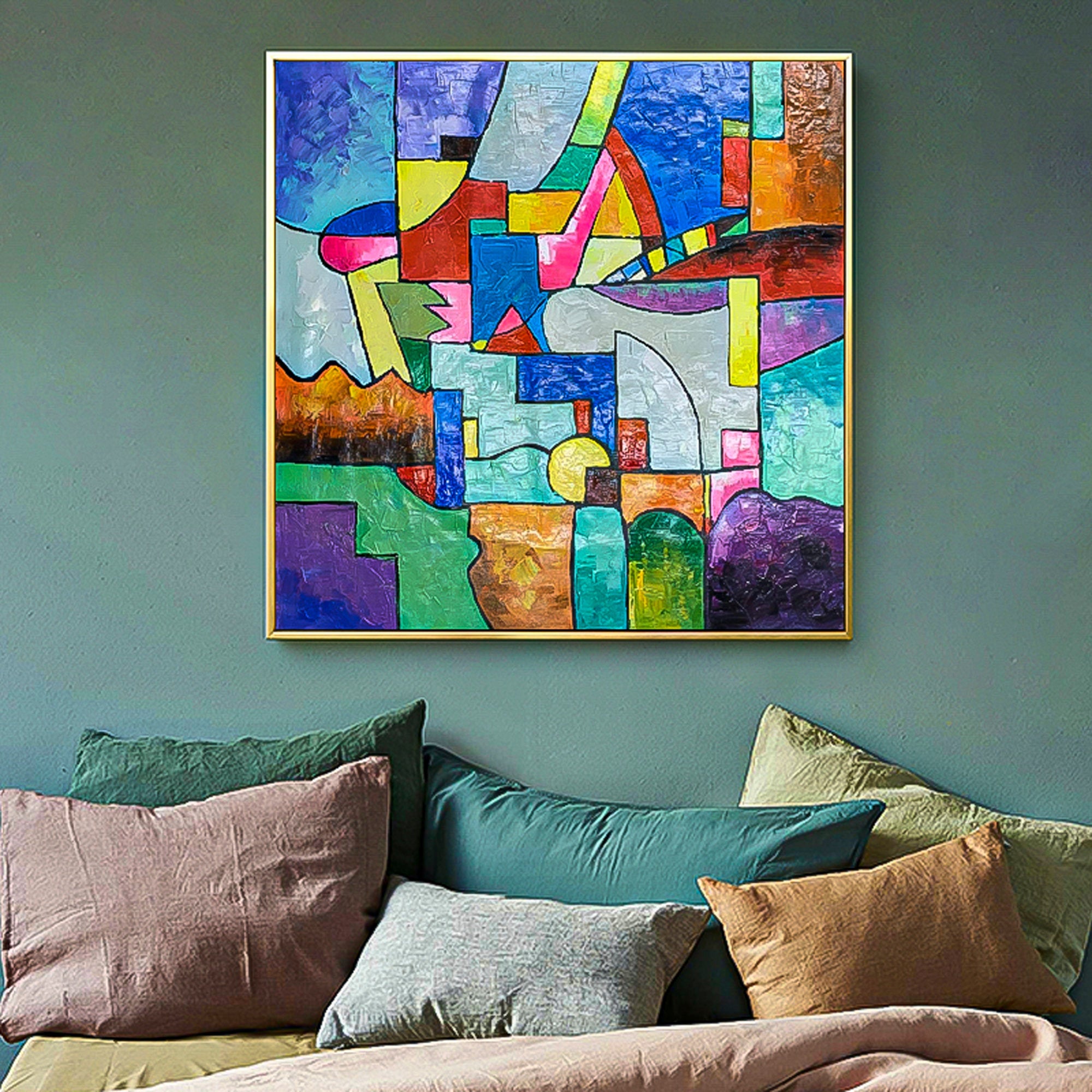 Colorful abstract brush stroke art handmade oil painting square heavy textured palette knife impressionist huge wall art