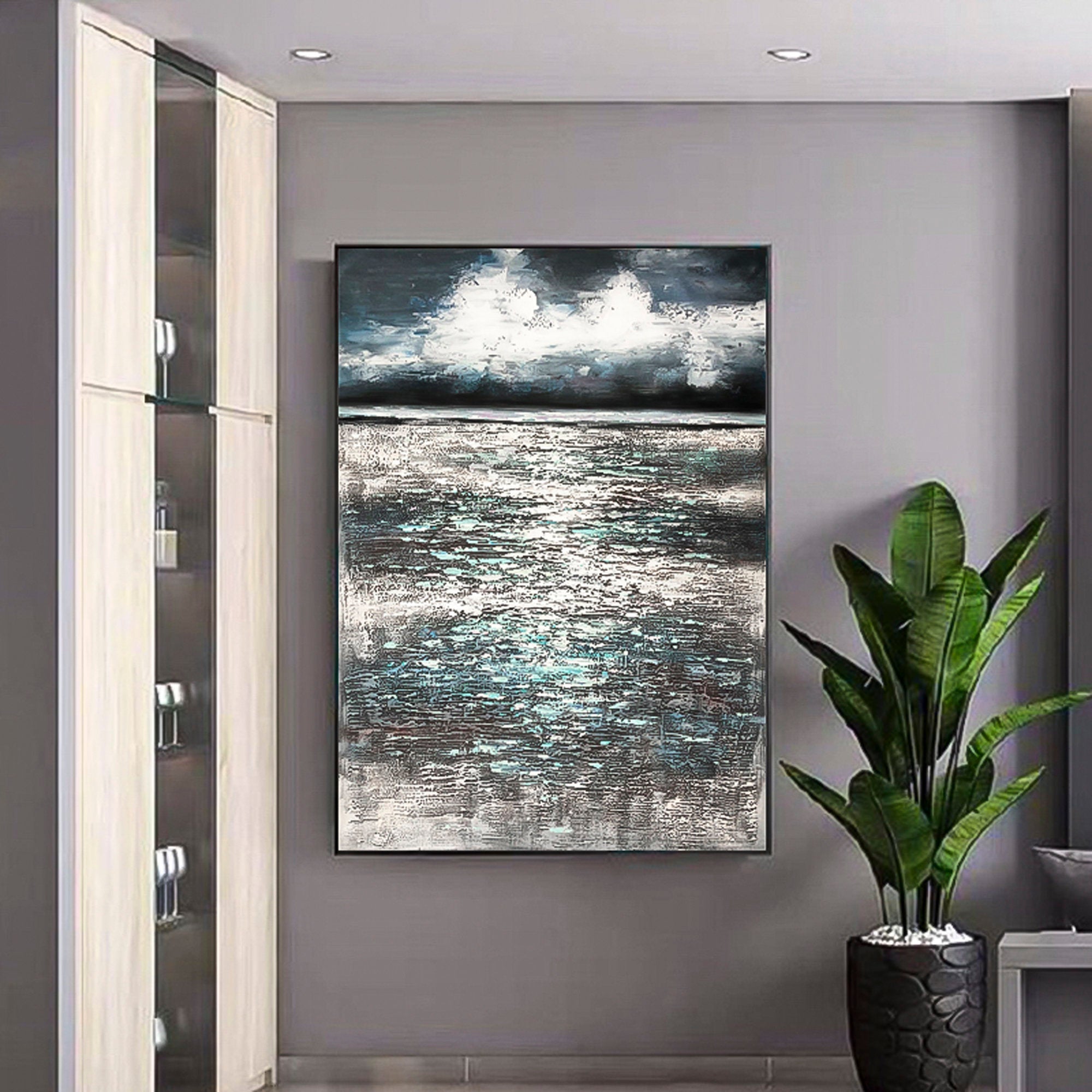 Dark sea dark ocean art Ocean Oil Painting vertical brush stroke art ocean themed wall art