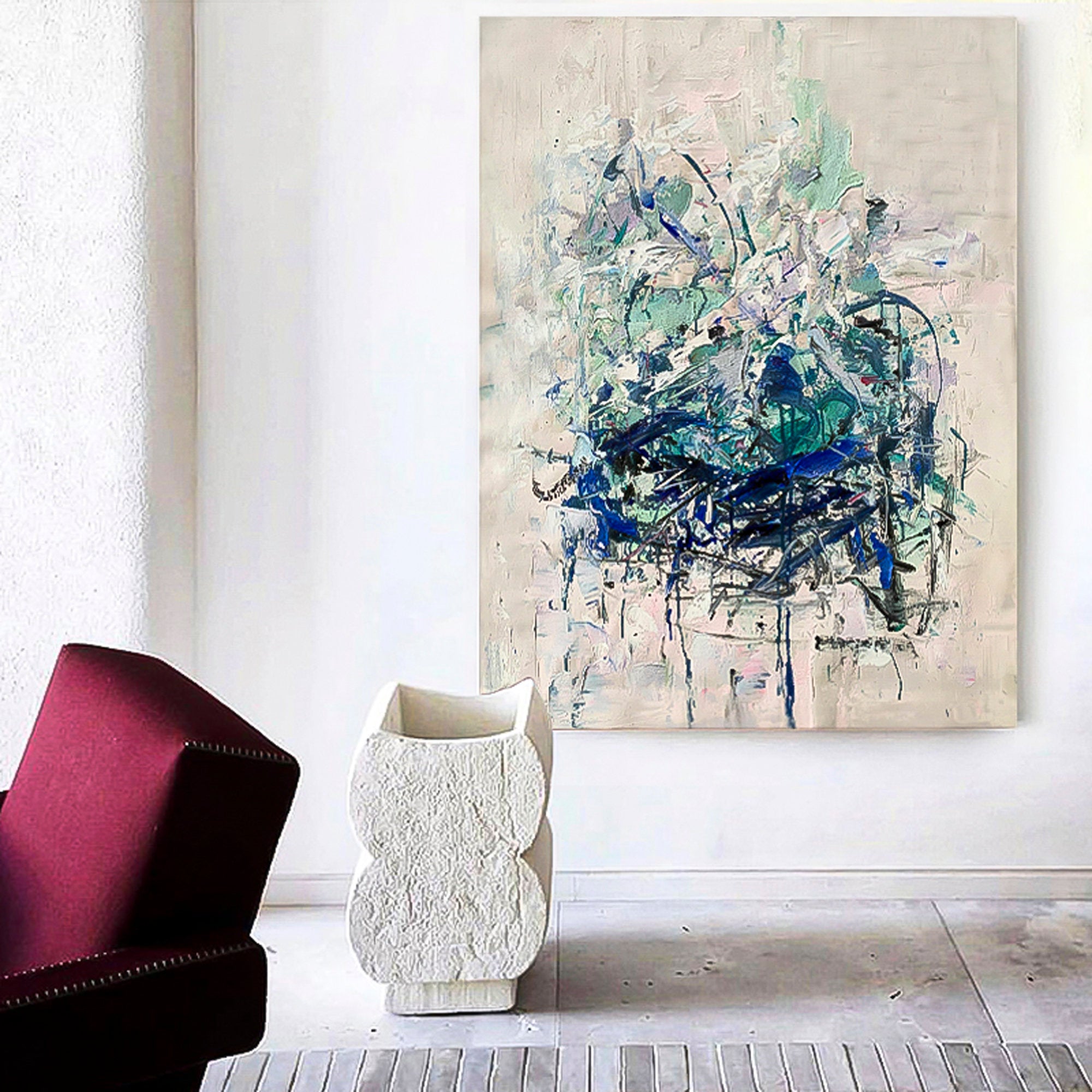 Abstract wall art neutral tones blue brush stroke art heavy textured impressionist wall art