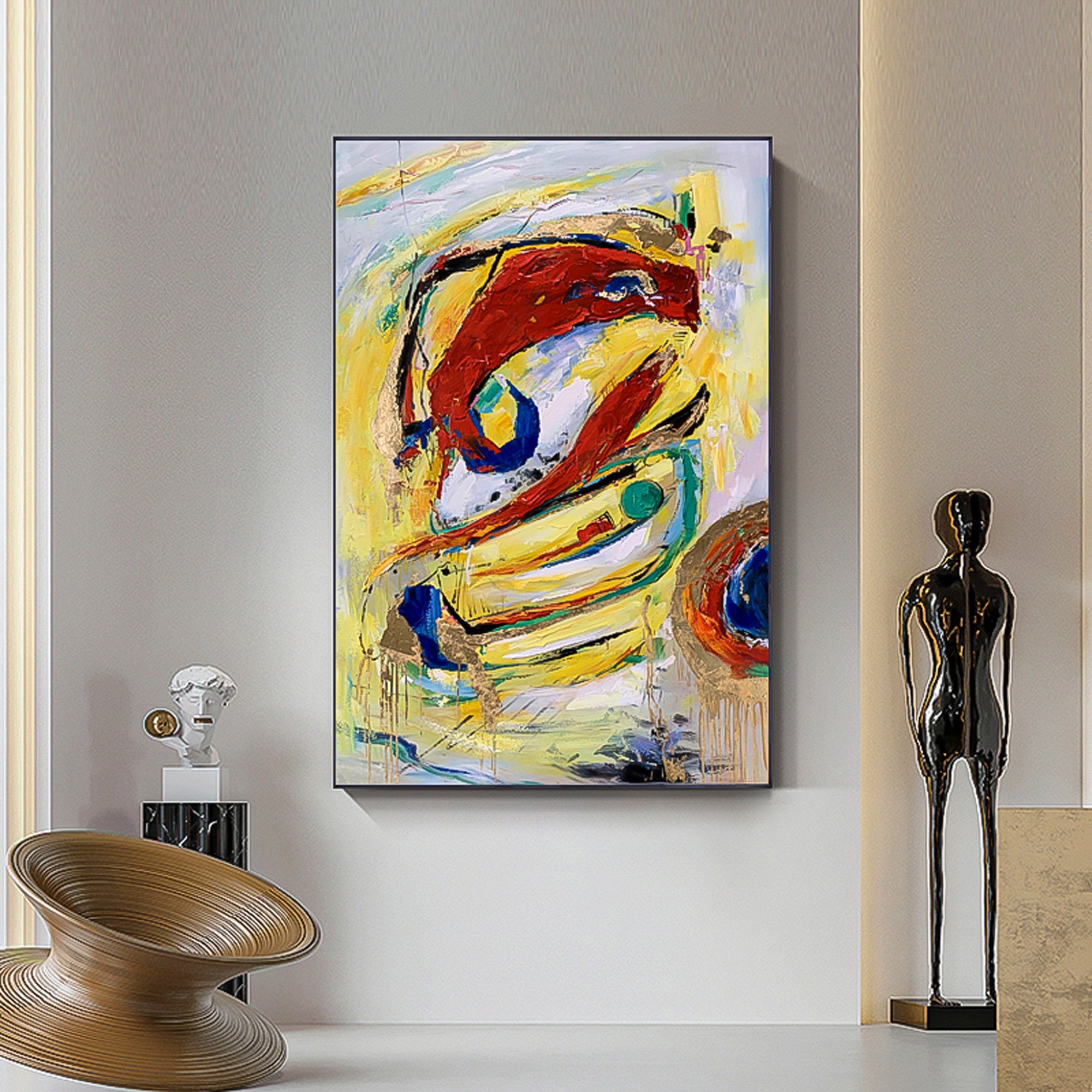 Red/Yellow Splash Abstract Oil Painting, Heavy Texture