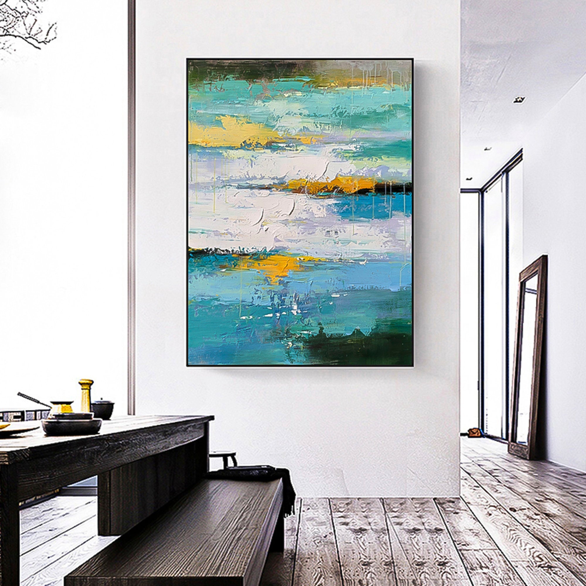 Deep Sea Wall Art Ocean Oil Painting blue green sea ocean art vertical brush stroke art