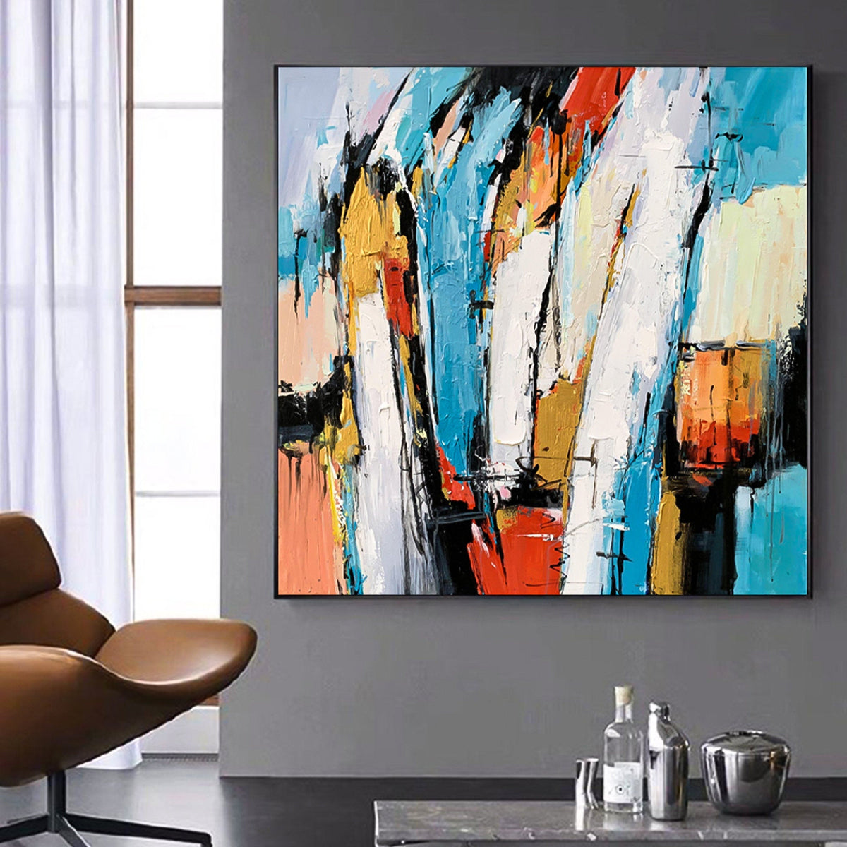 Blue Red White Yellow Brush Stroke Art Colorful Square Abstract Oil Painting