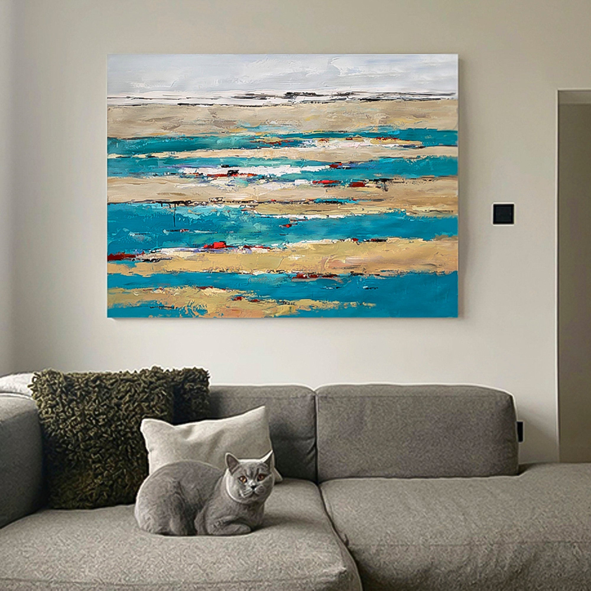 Deep Sea Wall Art Ocean with Rose Petals Oil Painting blue green sea ocean art vertical brush stroke art